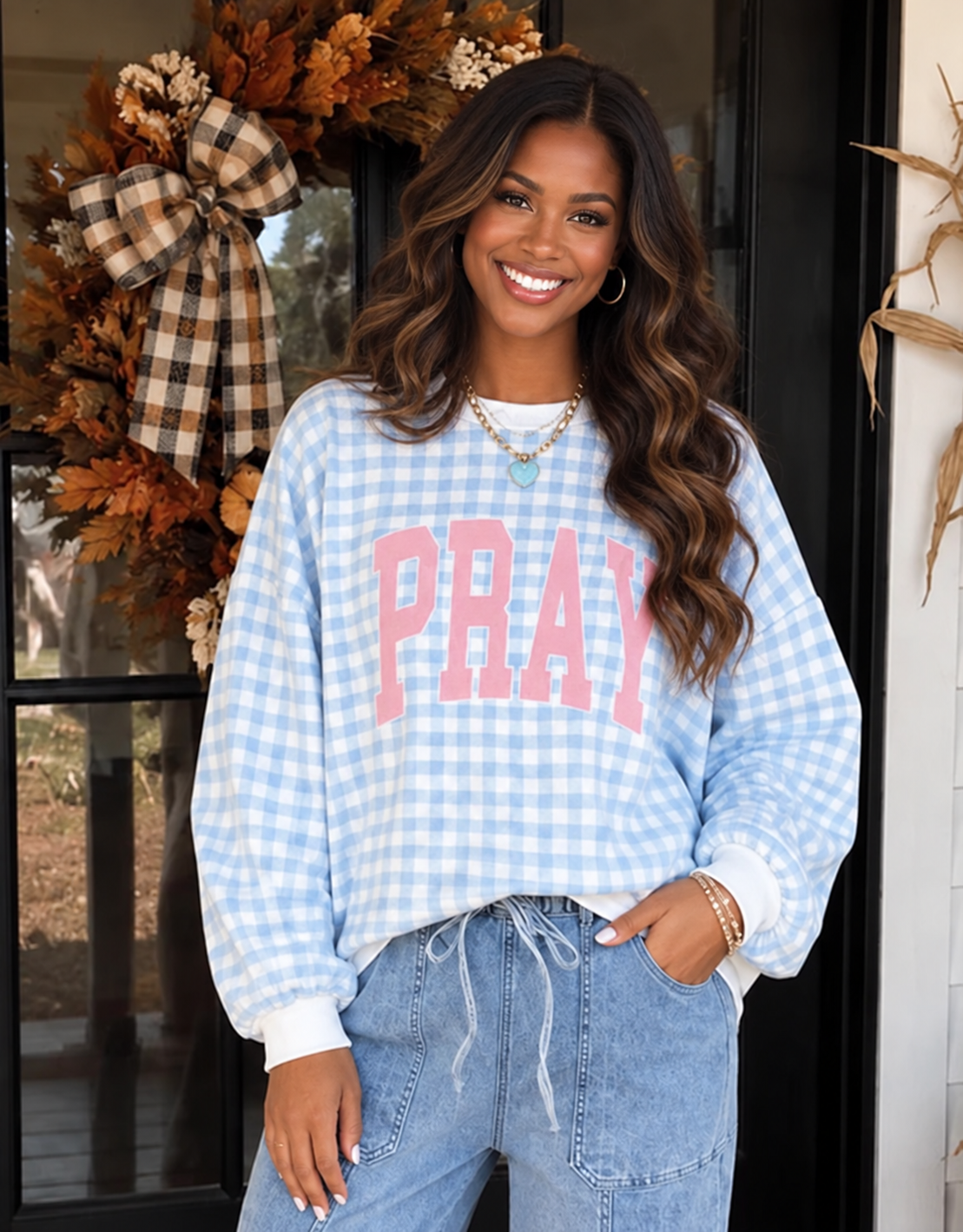 Blue Plaid Pray Sweatshirt